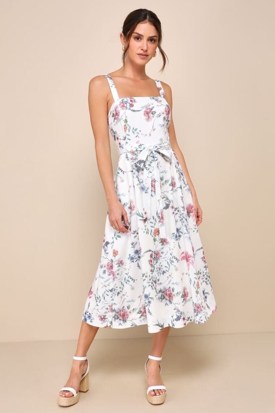 NWT Lulus Sunny Posture Ivory Floral Sleeveless Midi Dress Resort Cruise Size S